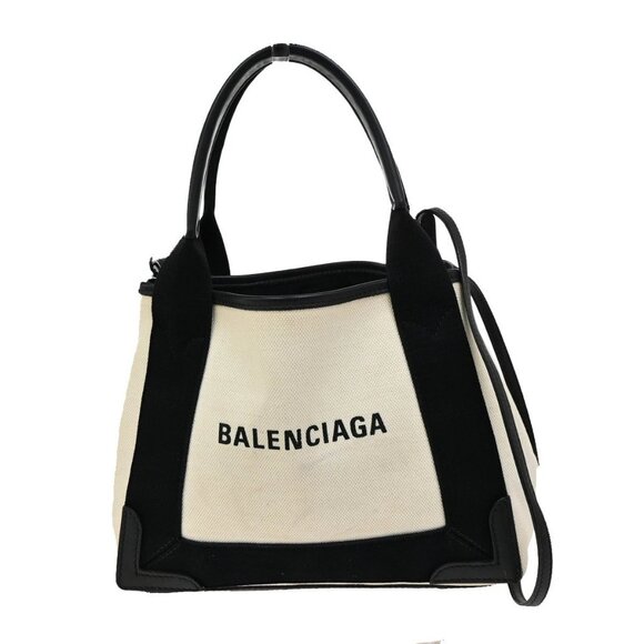 BALENCIAGA Navy Cabas XS 2Way Shoulder Hand Bag Canvas Leather White 39FC026 - Picture 1 of 16